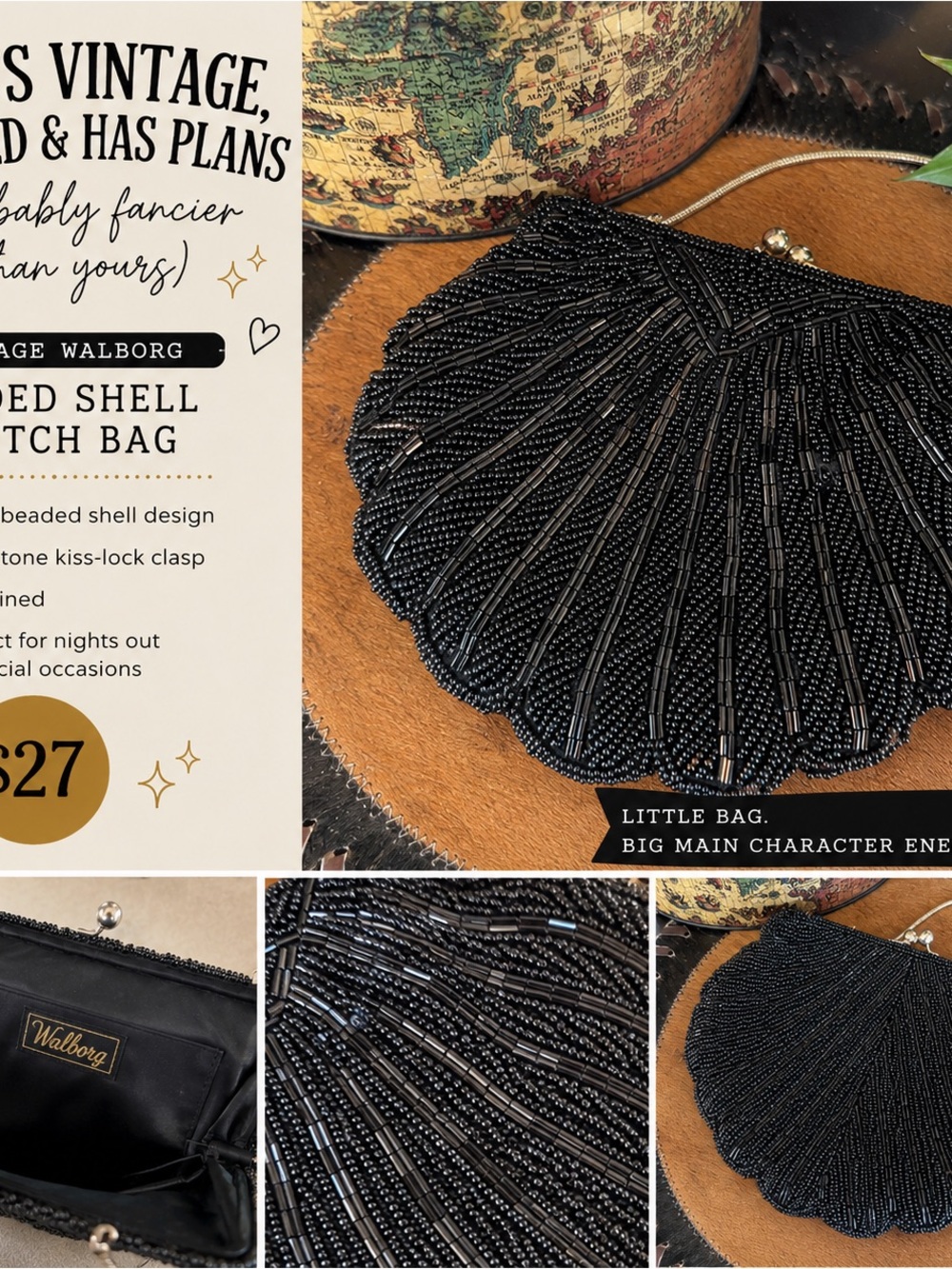 She’s Vintage, Beaded & Has Plans 🖤 Walborg Black Shell Clutch Bag $27